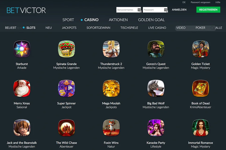 Die Spieleauswahl bei BetVictor, Screenshot 2017, der Anbieter ist international reguliert, für Deutschland ist kein aktueller Auftritt erfasst.