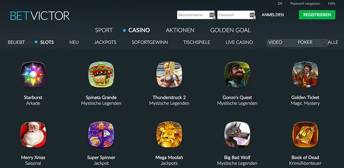 Spielkatalog eines Anbieters mit Filterreihe über Slots, Jackpots und Tischspielen