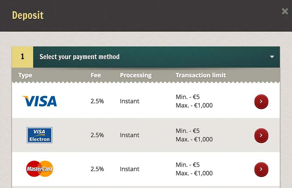 Einzahlungsmaske eines Anbieters, Screenshot 2017: Visa, Visa Electron und MasterCard mit je 2,5 Prozent Gebühr, heute erheben die meisten Anbieter darauf nichts mehr.