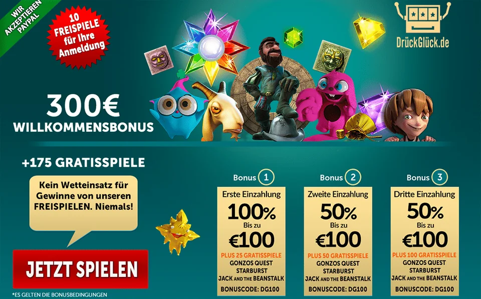 Bonusseite eines Anbieters: 300 Euro Willkommensbonus, aufgeteilt auf drei Einzahlungen mit je eigenem Bonuscode