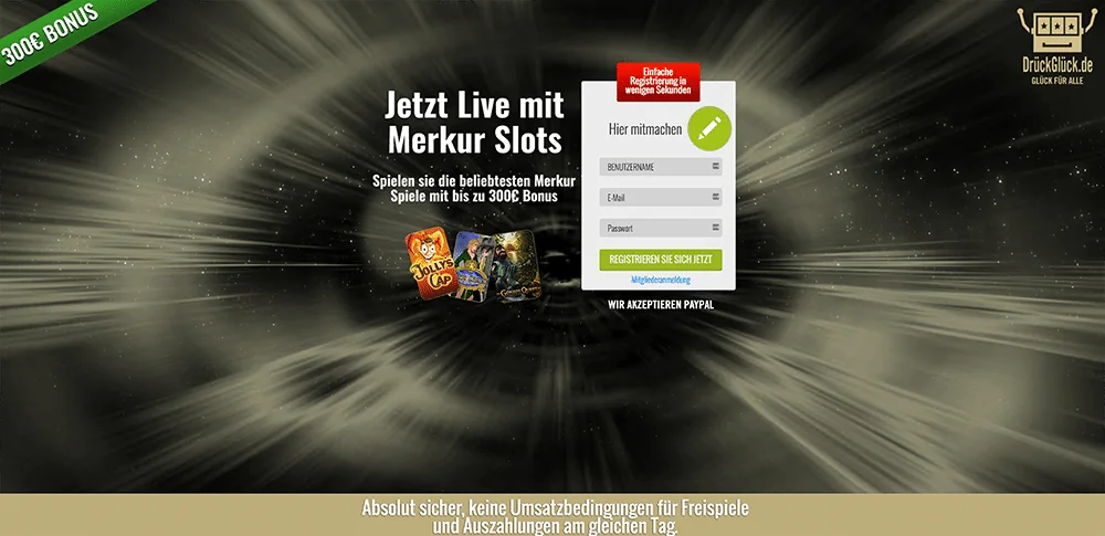 Der Merkur-Bereich bei DrückGlück, Screenshot 2017, die Spiele, für die Spieler den Anbieter ansteuerten, laufen heute beim Hersteller selbst.