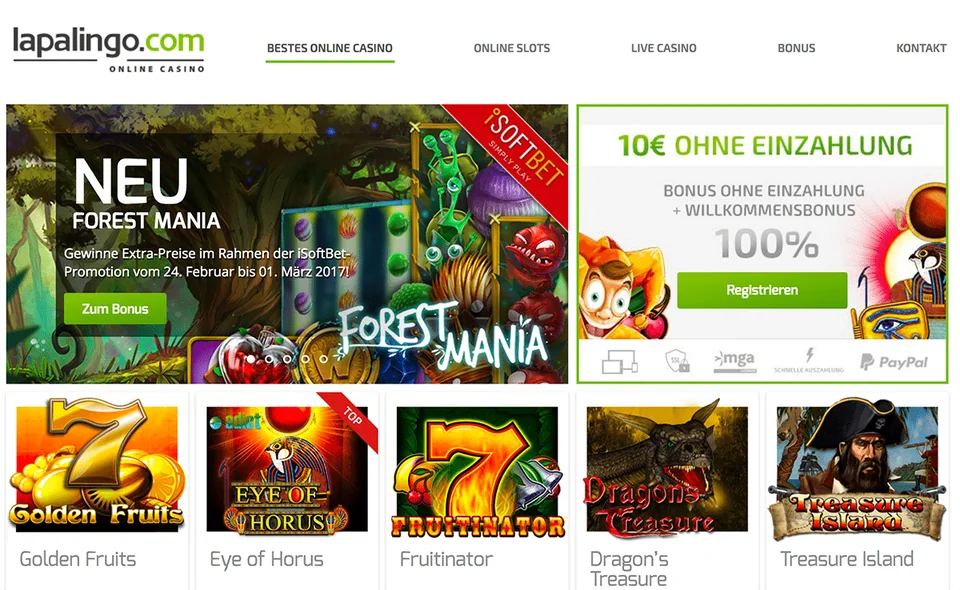 Startseite eines Anbieters mit Menü über Slots, Live-Casino und Bonus