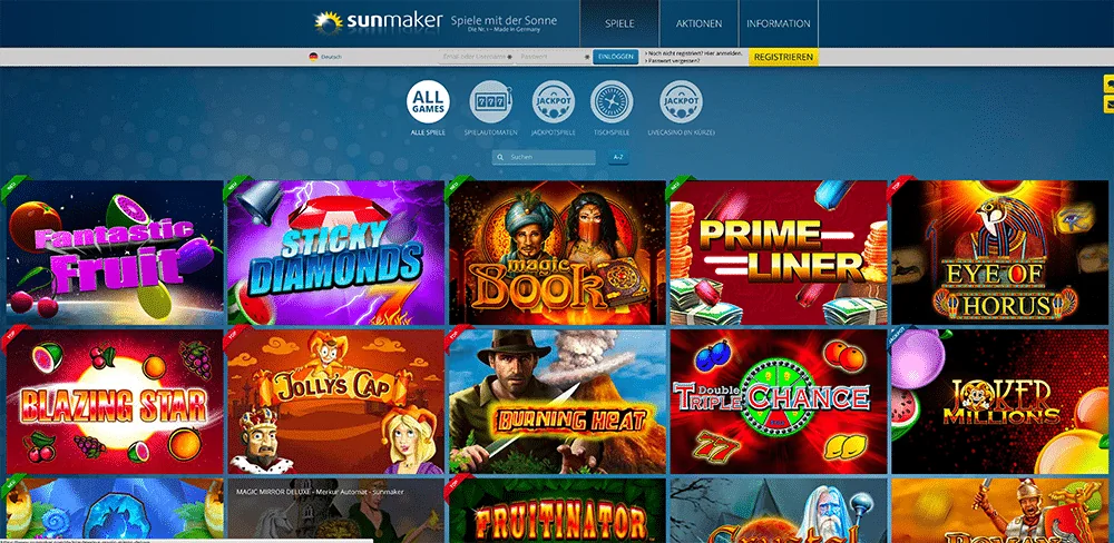 Spielekatalog eines Anbieters, Screenshot 2017: Blazing Star, Eye of Horus, Sticky Diamonds, Magic Book und Fruitinator nebeneinander